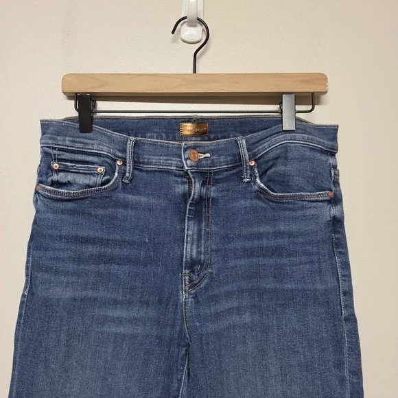 Mother The Weekender Fray Faded Flare Blue Walking On Coals Jeans 31x30 Raw Hem